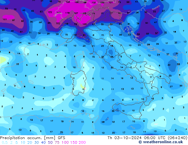 Precipitation accum. GFS Th 03.10.2024 06 UTC