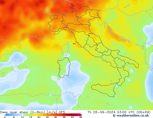 Deep layer shear (0-6km) GFS Th 26.09.2024 03 UTC