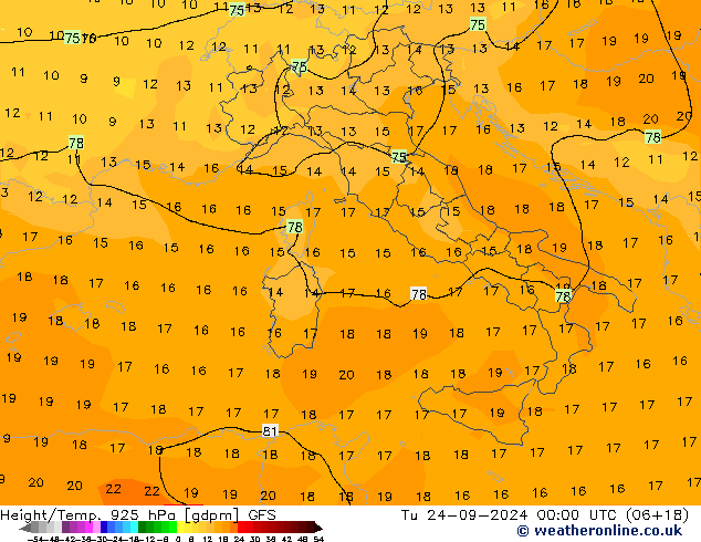 Height/Temp. 925 hPa GFS Ter 24.09.2024 00 UTC