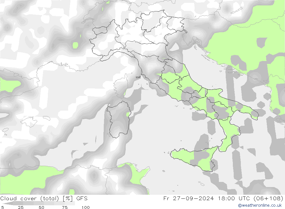 Nubi (totali) GFS ven 27.09.2024 18 UTC