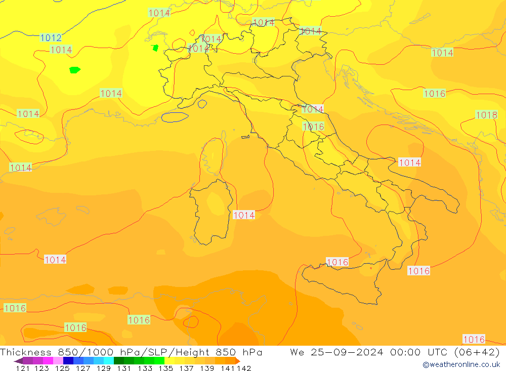 Thck 850-1000 hPa GFS mer 25.09.2024 00 UTC