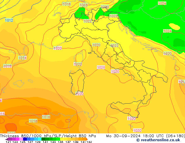 Thck 850-1000 hPa GFS Po 30.09.2024 18 UTC