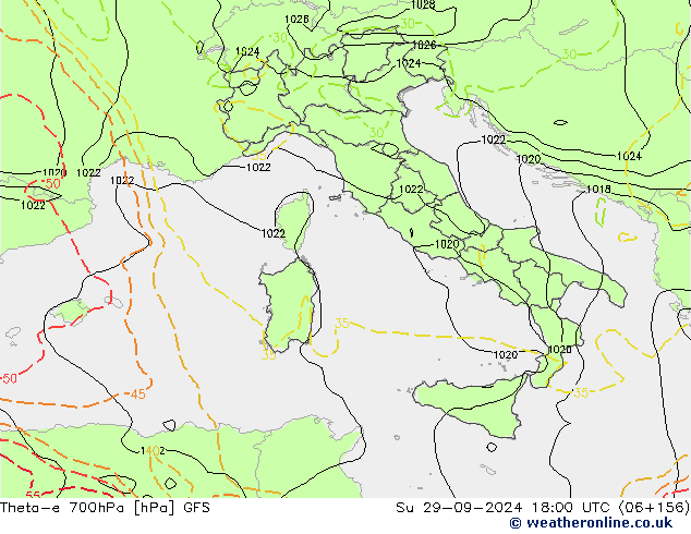 Theta-e 700hPa GFS Su 29.09.2024 18 UTC