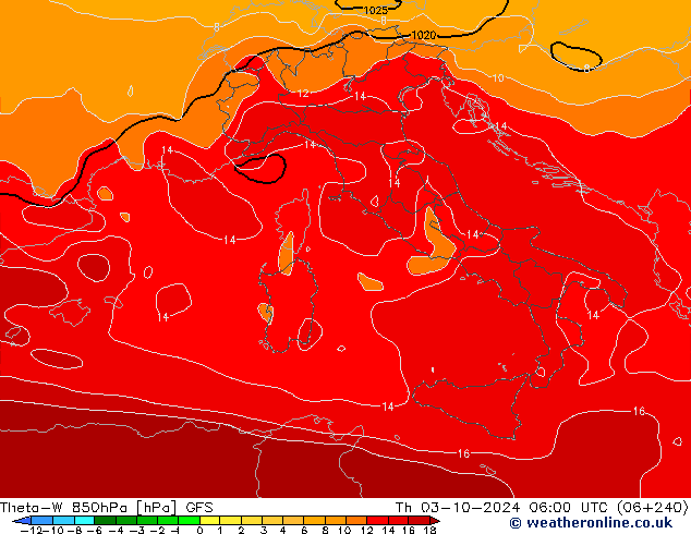 Theta-W 850hPa GFS do 03.10.2024 06 UTC