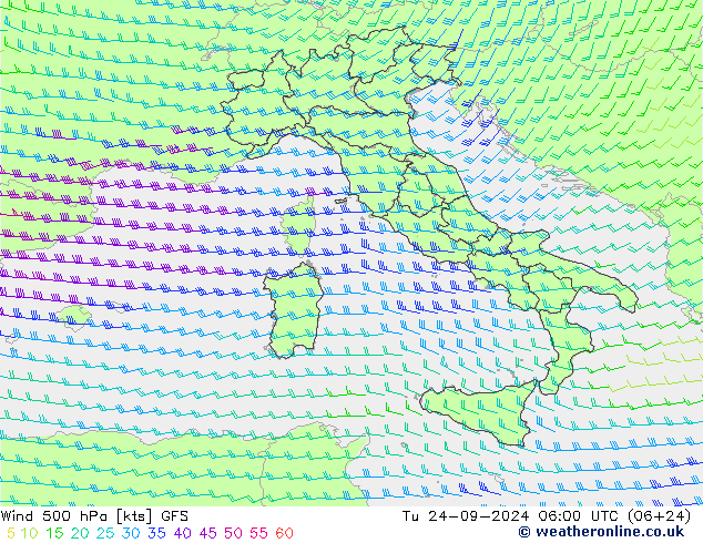 Wind 500 hPa GFS Tu 24.09.2024 06 UTC