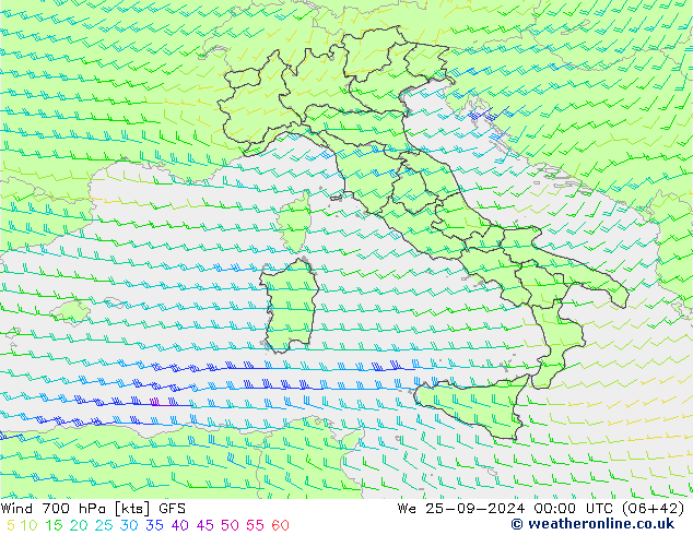 Wind 700 hPa GFS We 25.09.2024 00 UTC