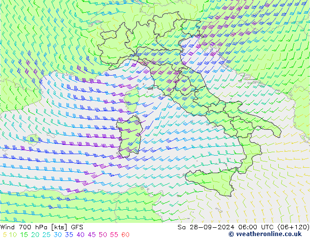 Vento 700 hPa GFS sab 28.09.2024 06 UTC