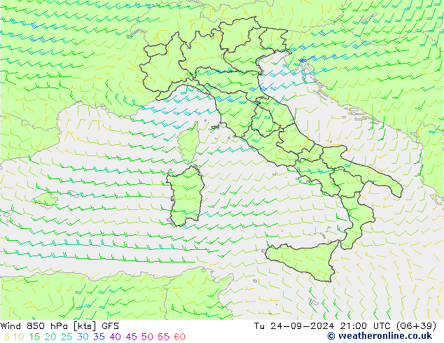 Wind 850 hPa GFS Tu 24.09.2024 21 UTC