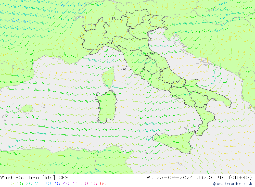 ветер 850 гПа GFS ср 25.09.2024 06 UTC