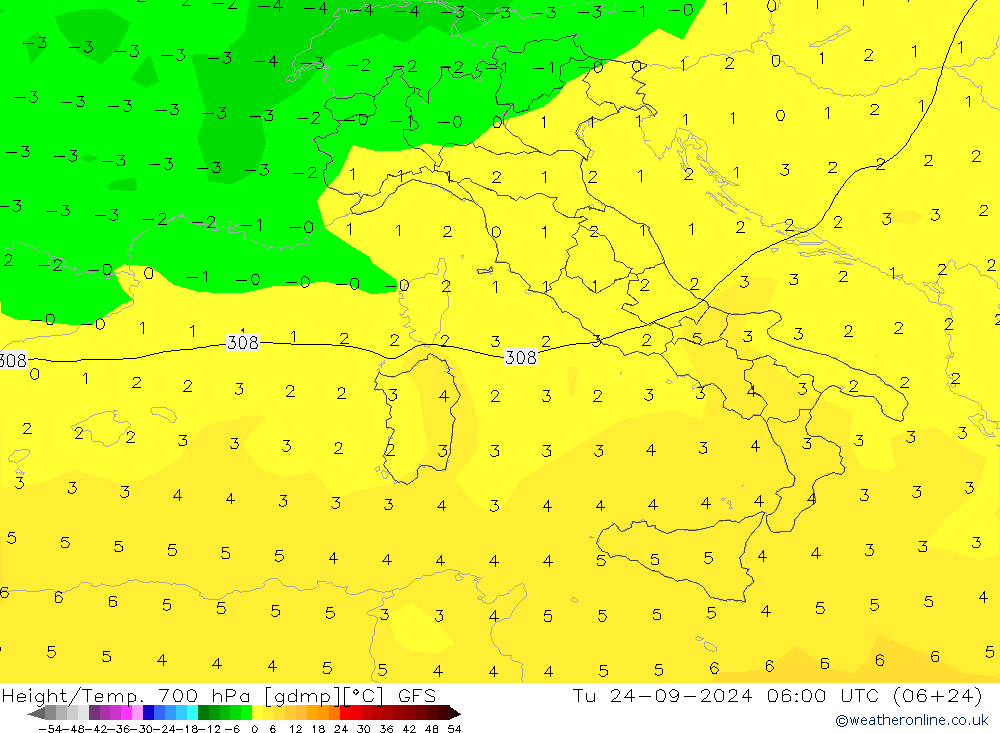 Yükseklik/Sıc. 700 hPa GFS Sa 24.09.2024 06 UTC