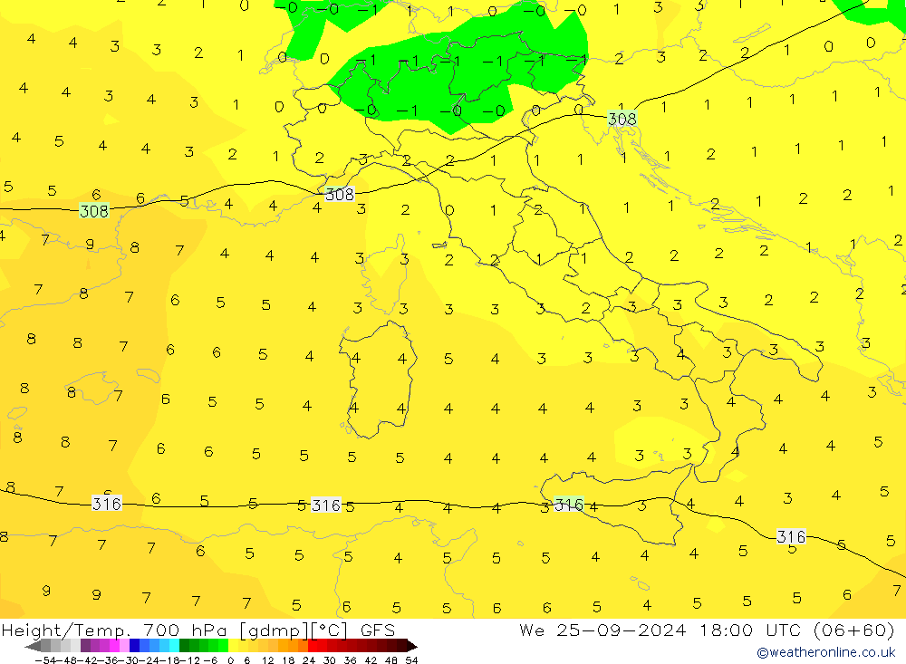 Geop./Temp. 700 hPa GFS mié 25.09.2024 18 UTC