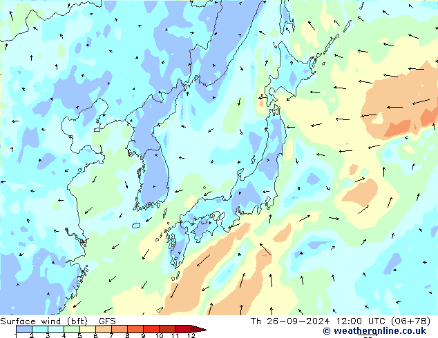 Surface wind (bft) GFS Th 26.09.2024 12 UTC