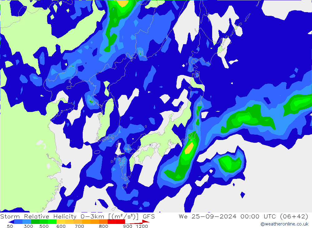 Storm Relative Helicity GFS mer 25.09.2024 00 UTC