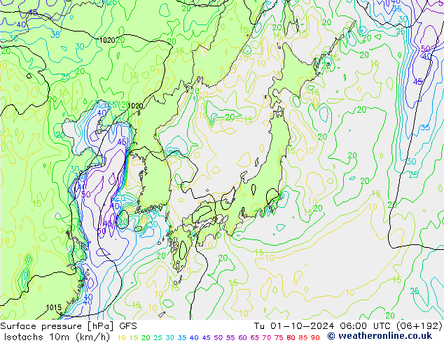 Isotachs (kph) GFS вт 01.10.2024 06 UTC