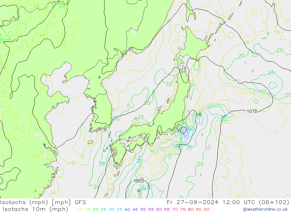 Isotachs (mph) GFS пт 27.09.2024 12 UTC