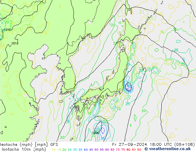 Isotachs (mph) GFS пт 27.09.2024 18 UTC