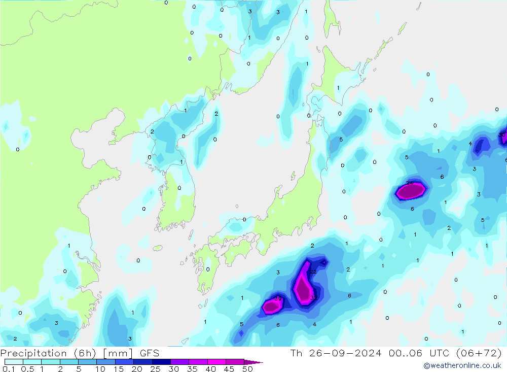 Precipitation (6h) GFS Th 26.09.2024 06 UTC