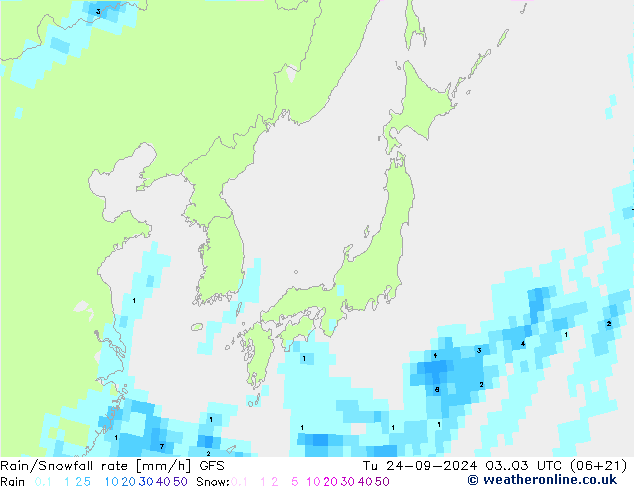 Rain/Snowfall rate GFS mar 24.09.2024 03 UTC