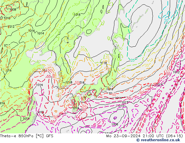 Theta-e 850hPa GFS lun 23.09.2024 21 UTC