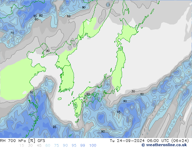 Humidité rel. 700 hPa GFS mar 24.09.2024 06 UTC