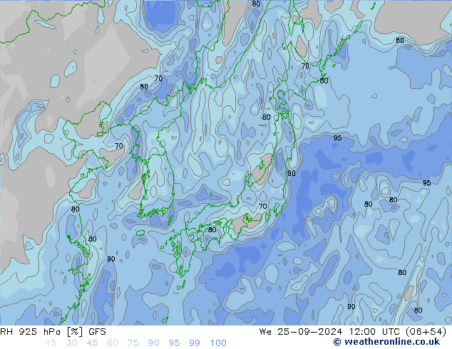 RH 925 гПа GFS ср 25.09.2024 12 UTC