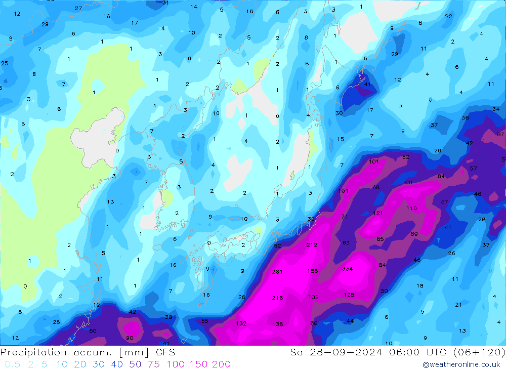 Precipitation accum. GFS сб 28.09.2024 06 UTC