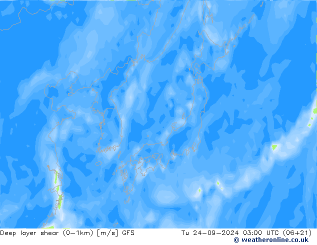 Deep layer shear (0-1km) GFS mar 24.09.2024 03 UTC