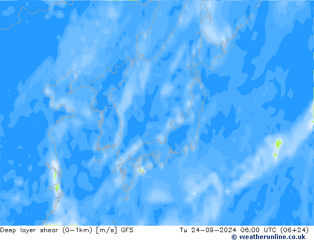 Deep layer shear (0-1km) GFS Tu 24.09.2024 06 UTC