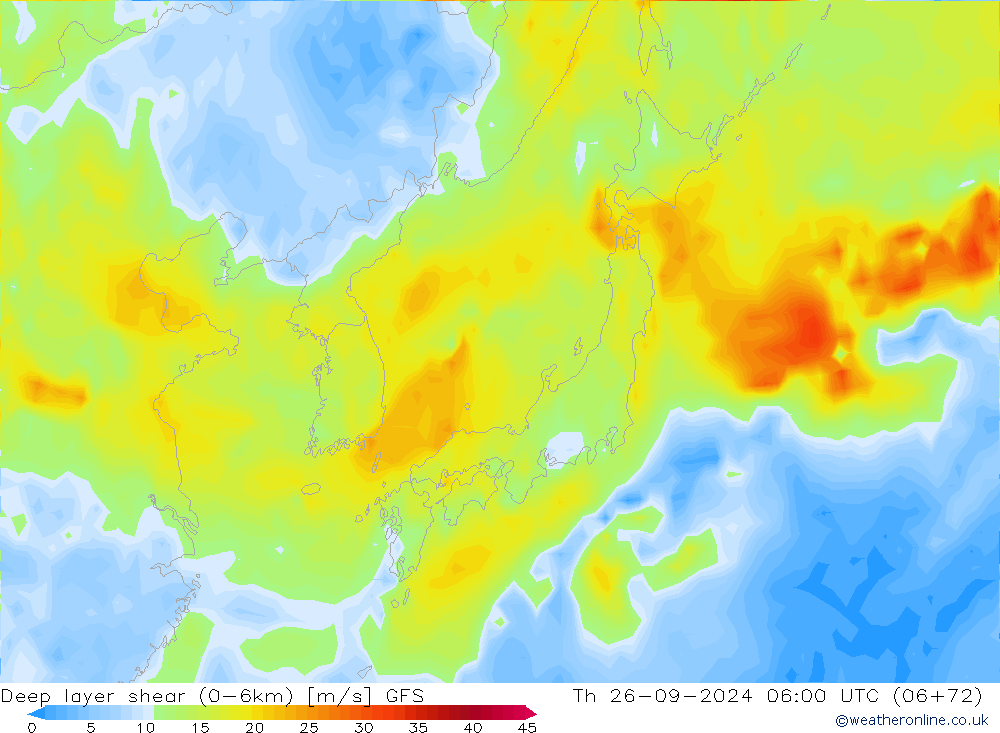 Deep layer shear (0-6km) GFS Th 26.09.2024 06 UTC