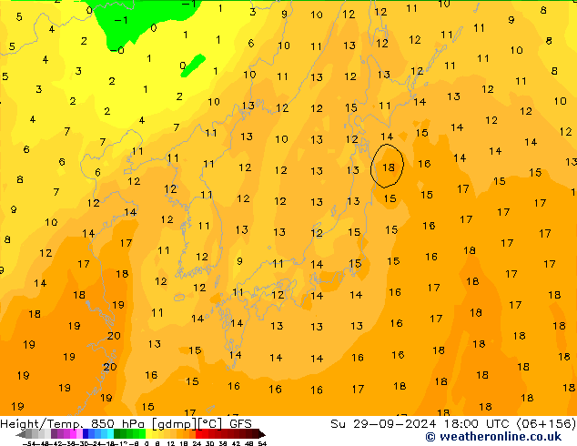 Height/Temp. 850 hPa GFS dom 29.09.2024 18 UTC