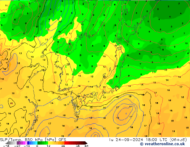 SLP/Temp. 850 hPa GFS mar 24.09.2024 18 UTC