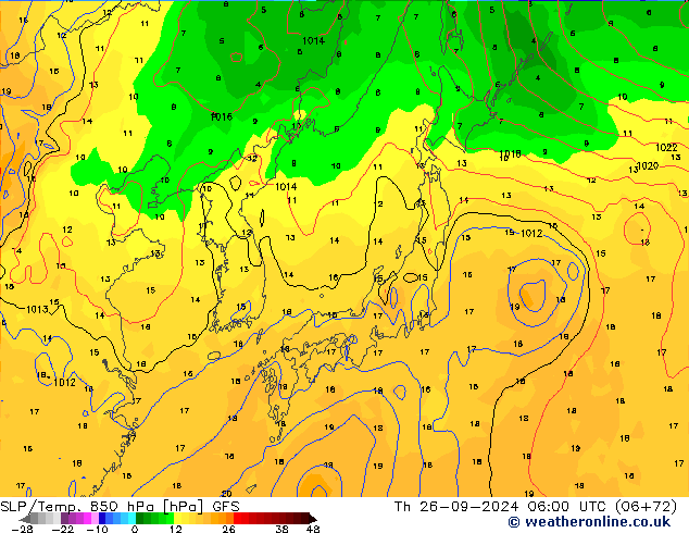 SLP/Temp. 850 hPa GFS jue 26.09.2024 06 UTC