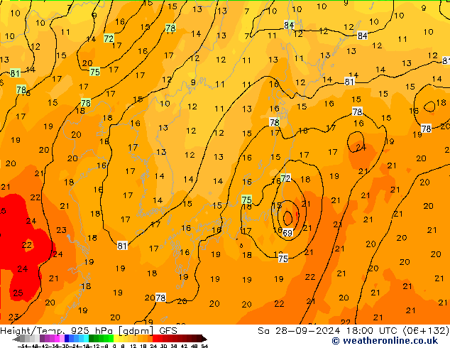 Géop./Temp. 925 hPa GFS sam 28.09.2024 18 UTC