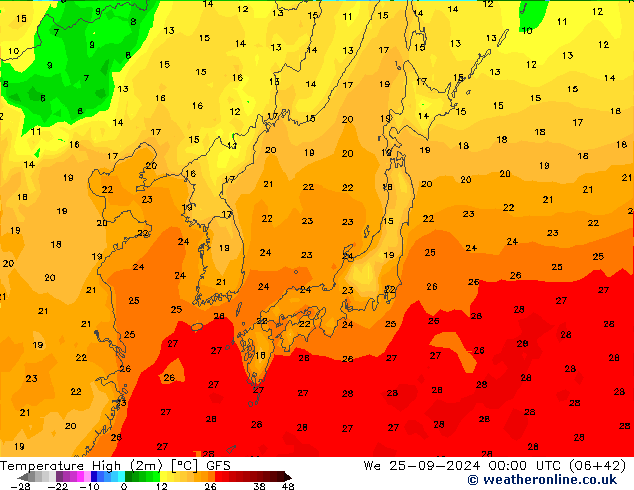 Max.temperatuur (2m) GFS wo 25.09.2024 00 UTC