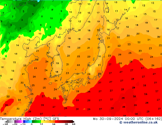 Temperature High (2m) GFS Mo 30.09.2024 00 UTC