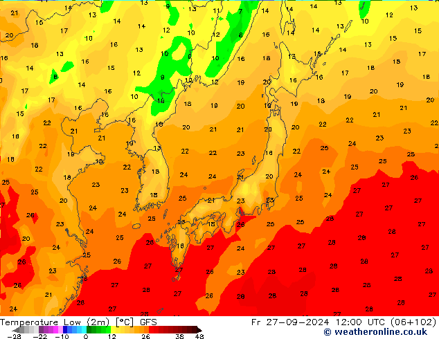 Temp. minima (2m) GFS ven 27.09.2024 12 UTC