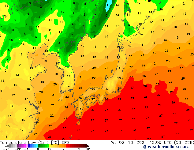 temperatura mín. (2m) GFS Qua 02.10.2024 18 UTC