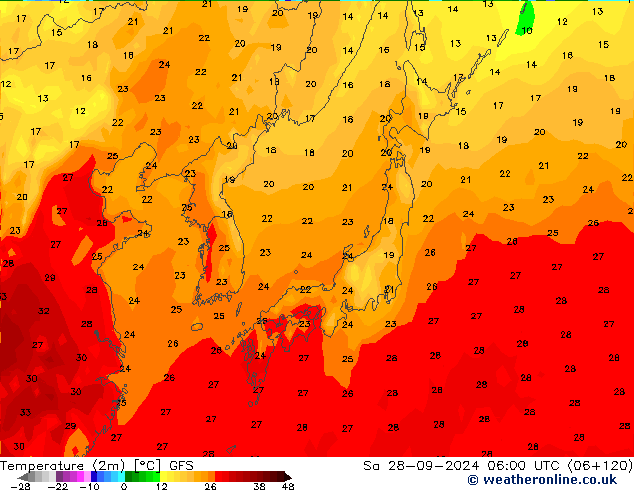 mapa temperatury (2m) GFS so. 28.09.2024 06 UTC