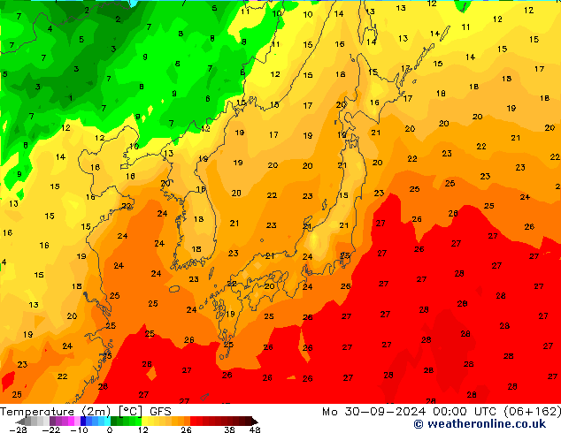 Temperature (2m) GFS Mo 30.09.2024 00 UTC