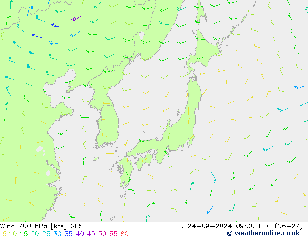 Wind 700 hPa GFS Tu 24.09.2024 09 UTC