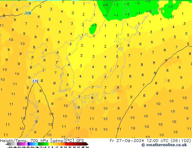 Height/Temp. 700 hPa GFS Fr 27.09.2024 12 UTC