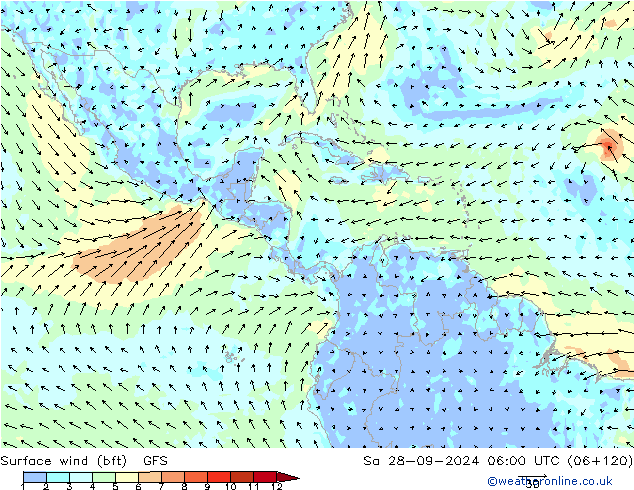 Wind 10 m (bft) GFS za 28.09.2024 06 UTC