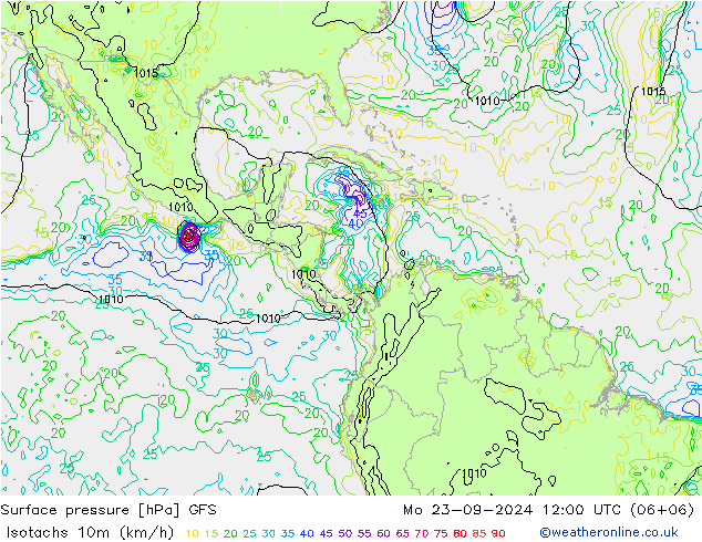 Izotacha (km/godz) GFS pon. 23.09.2024 12 UTC