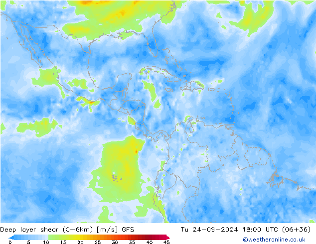 Deep layer shear (0-6km) GFS Út 24.09.2024 18 UTC