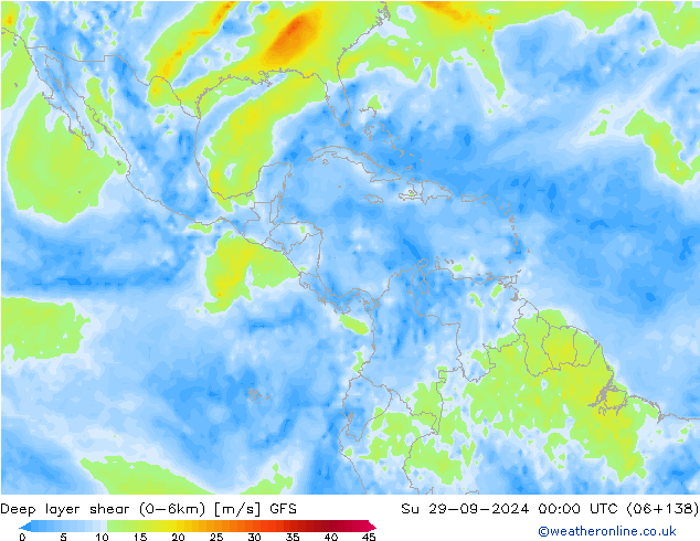 Deep layer shear (0-6km) GFS Dom 29.09.2024 00 UTC