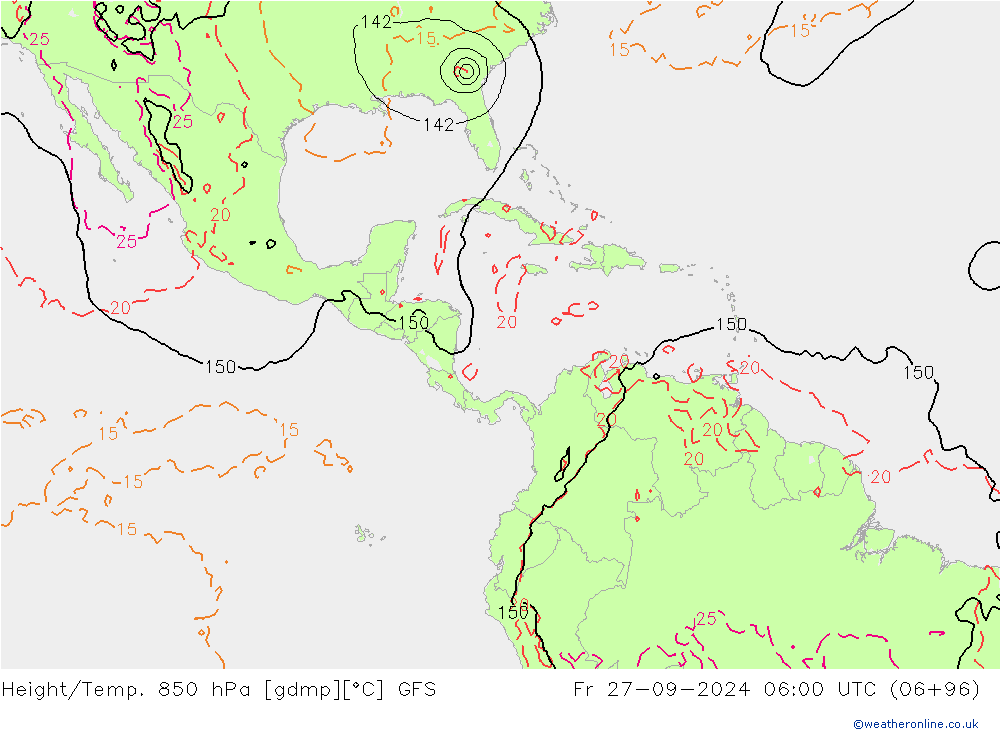 Height/Temp. 850 гПа GFS пт 27.09.2024 06 UTC