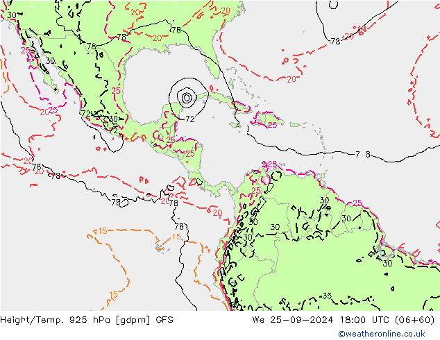 Height/Temp. 925 hPa GFS śro. 25.09.2024 18 UTC