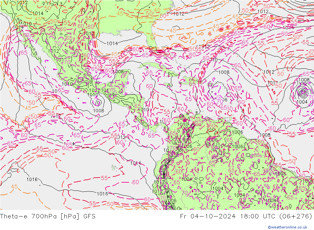 Theta-e 700hPa GFS Sex 04.10.2024 18 UTC