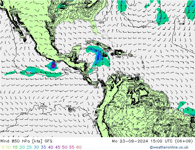 Viento 850 hPa GFS lun 23.09.2024 15 UTC