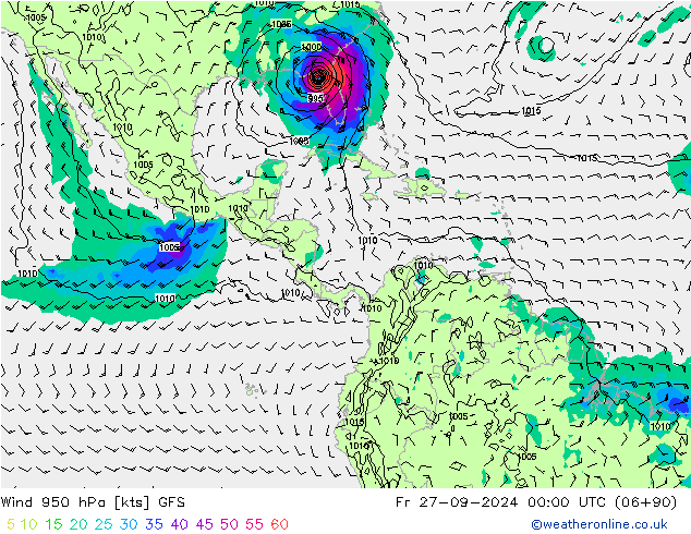 wiatr 950 hPa GFS pt. 27.09.2024 00 UTC